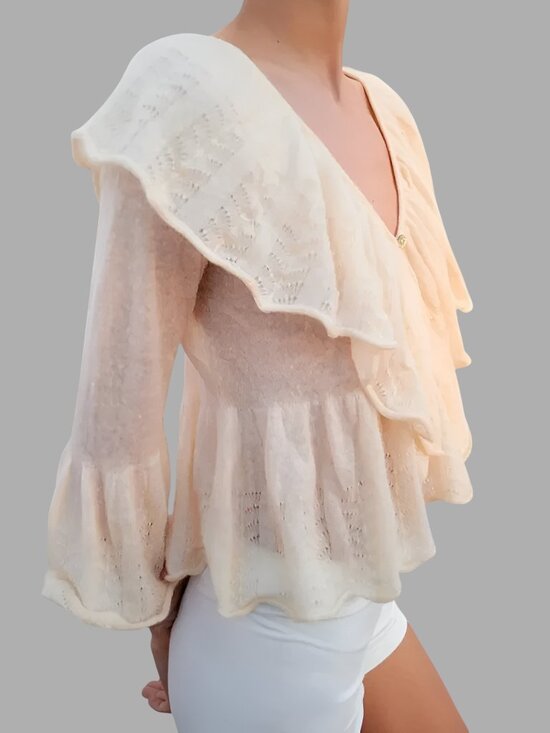 Zara Tops - Zara Women's Ruffled Pointelle Blouse Knit Wool Blend Ivory Size Small